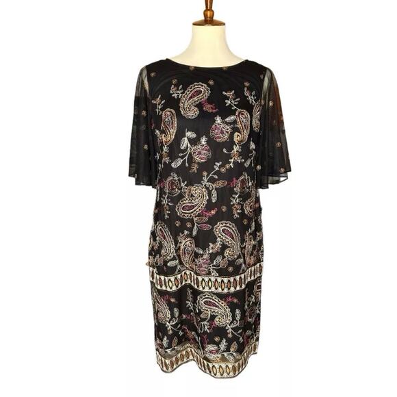 Adrianna Papell 3/4 Sheer Sleeve Beaded Embroidered Black Flower Dress Sz 6 - Picture 15 of 15